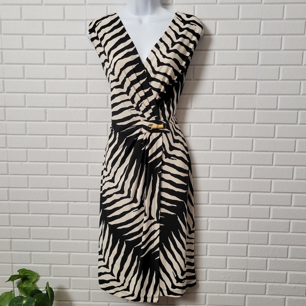 Vintage 90s Bethany Faux Wrap Dress XL Black Zebra Print Bamboo Toggle